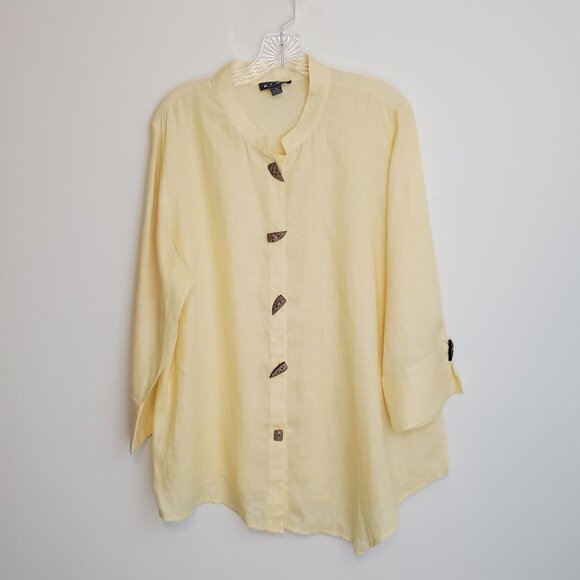 GO Silk buttercream yellow linen Mandarin collar blouse - Picture 1 of 13